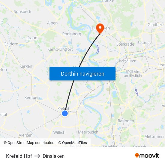 Krefeld Hbf to Dinslaken map