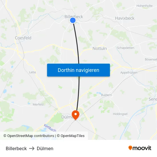 Billerbeck to Dülmen map