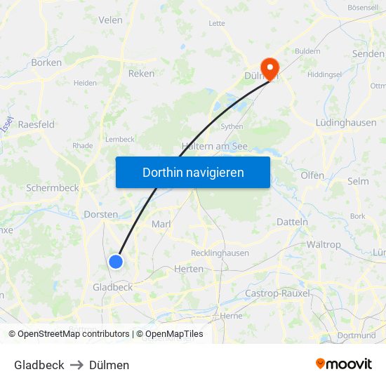 Gladbeck to Dülmen map