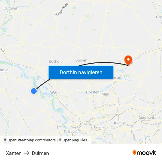 Xanten to Dülmen map