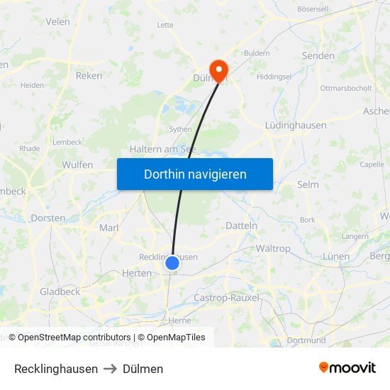 Recklinghausen to Dülmen map