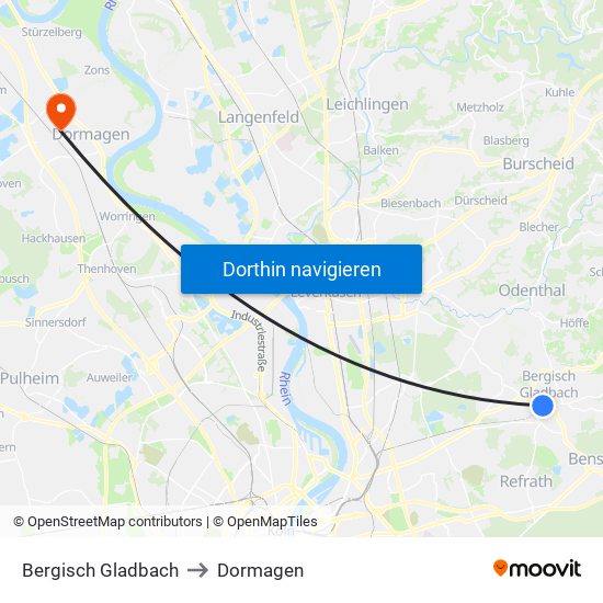 Bergisch Gladbach to Dormagen map