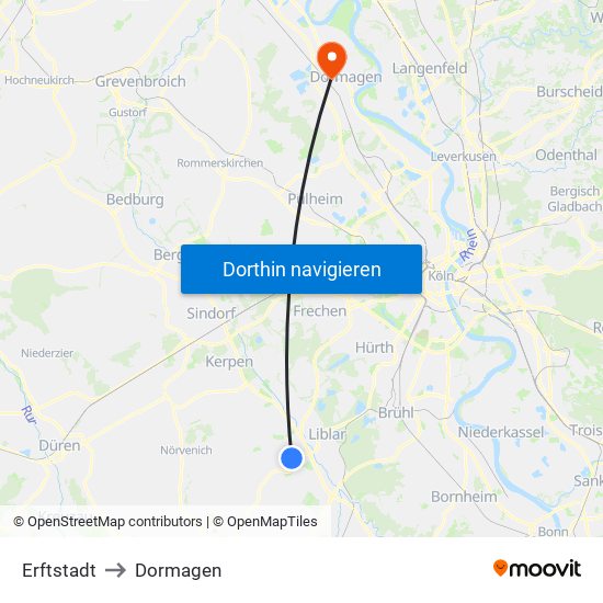 Erftstadt to Dormagen map