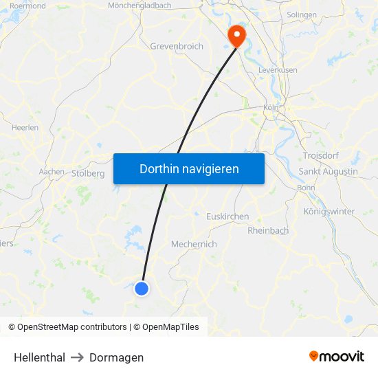 Hellenthal to Dormagen map