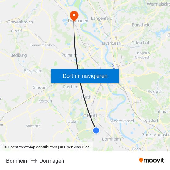 Bornheim to Dormagen map