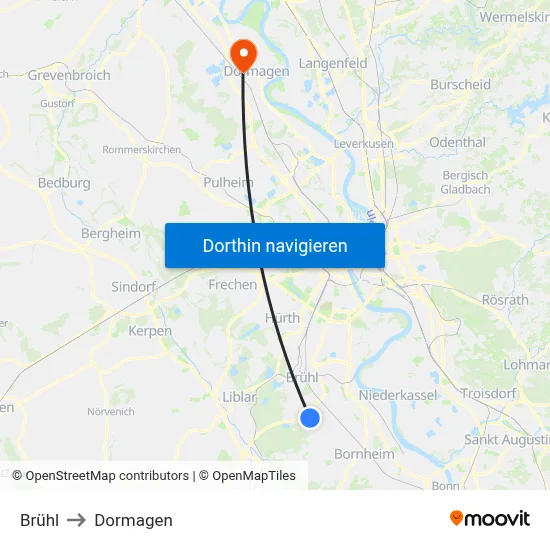 Brühl to Dormagen map
