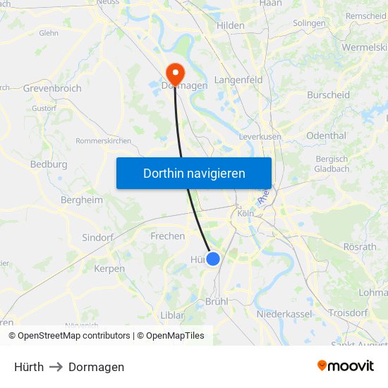 Hürth to Dormagen map