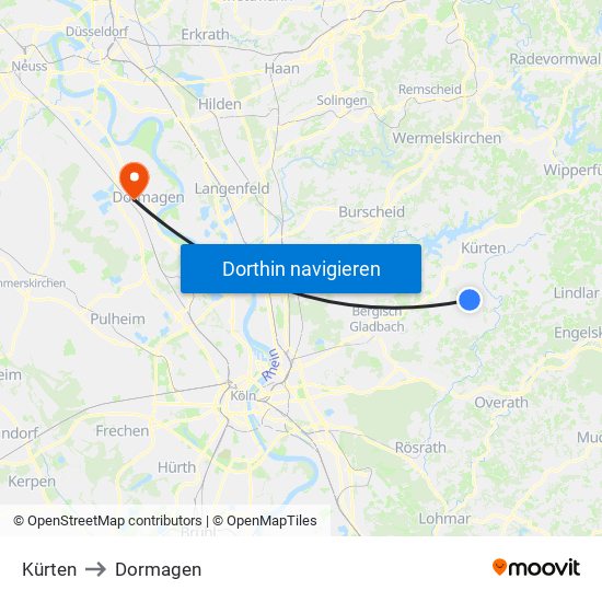 Kürten to Dormagen map