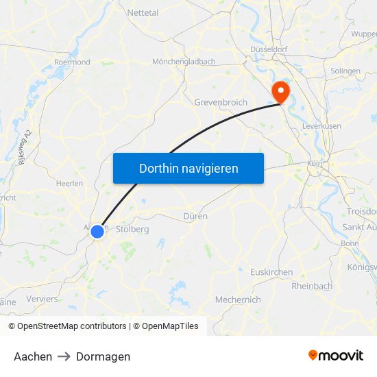 Aachen to Dormagen map