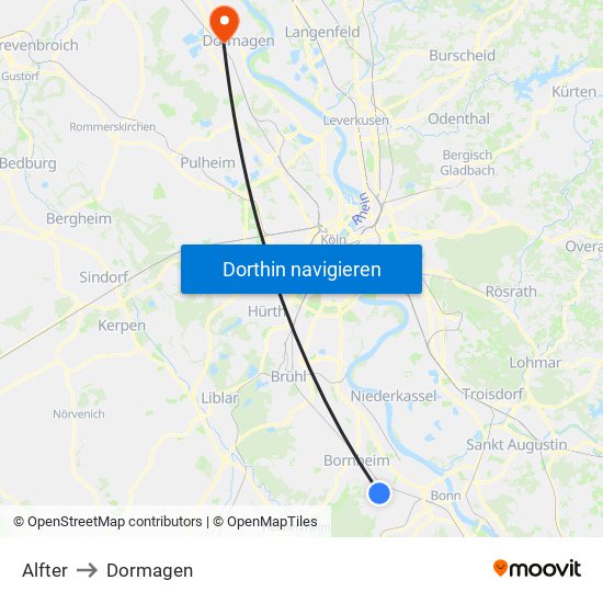 Alfter to Dormagen map