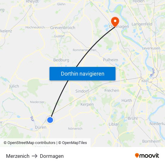 Merzenich to Dormagen map