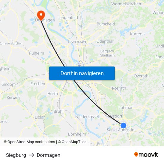 Siegburg to Dormagen map