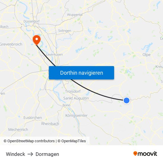Windeck to Dormagen map
