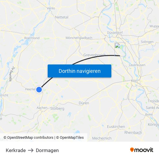 Kerkrade to Dormagen map