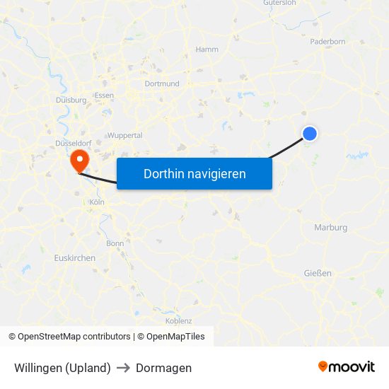 Willingen (Upland) to Dormagen map