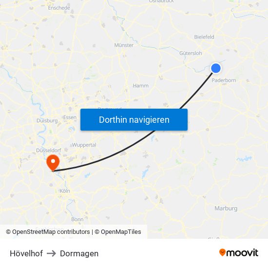 Hövelhof to Dormagen map