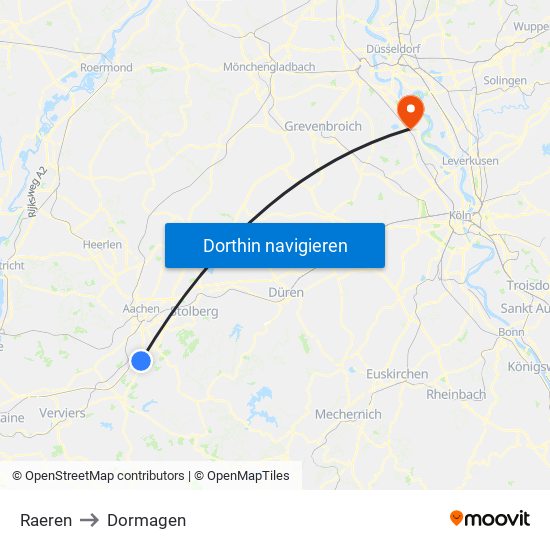 Raeren to Dormagen map