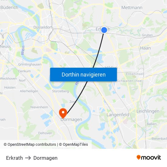Erkrath to Dormagen map