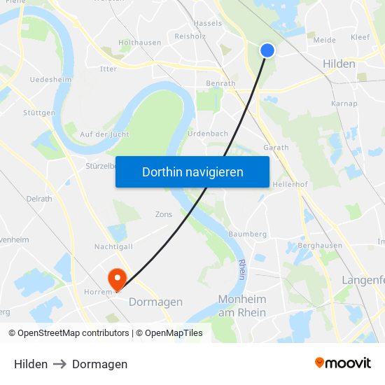 Hilden to Dormagen map