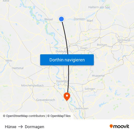 Hünxe to Dormagen map