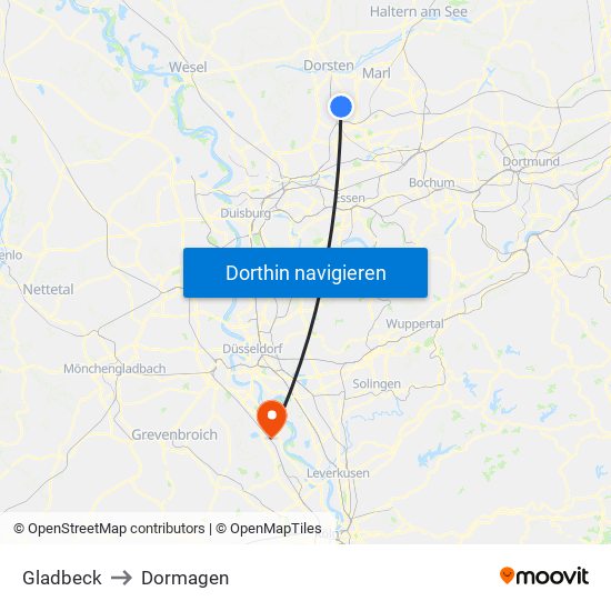 Gladbeck to Dormagen map