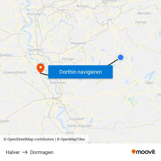 Halver to Dormagen map