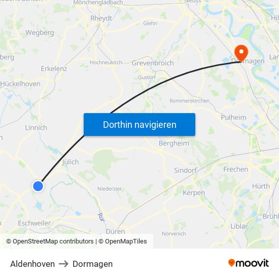 Aldenhoven to Dormagen map