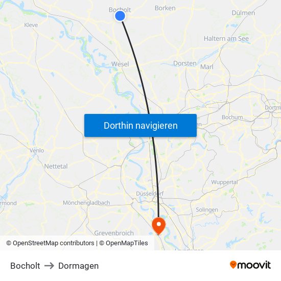 Bocholt to Dormagen map