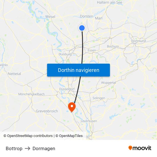 Bottrop to Dormagen map