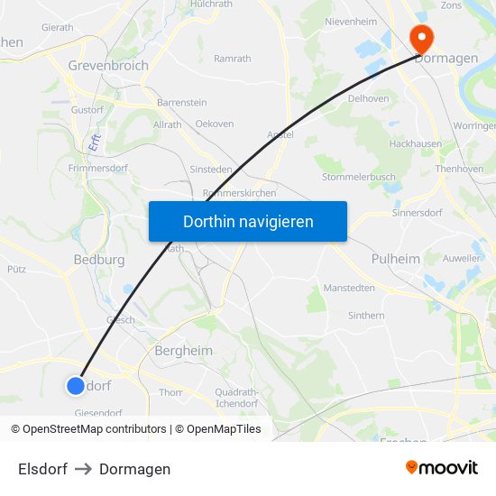 Elsdorf to Dormagen map