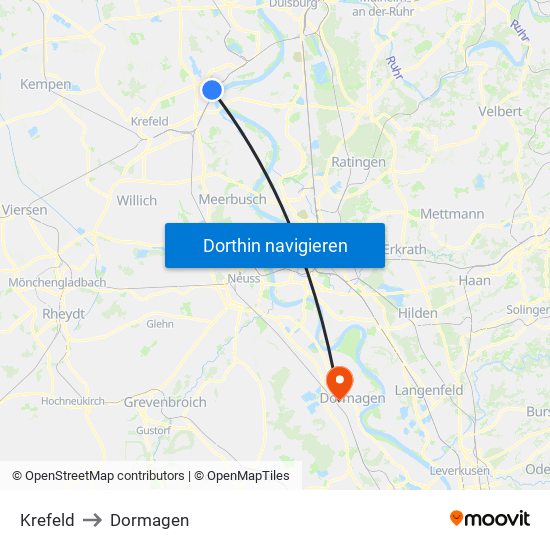 Krefeld to Dormagen map
