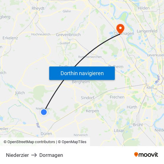 Niederzier to Dormagen map