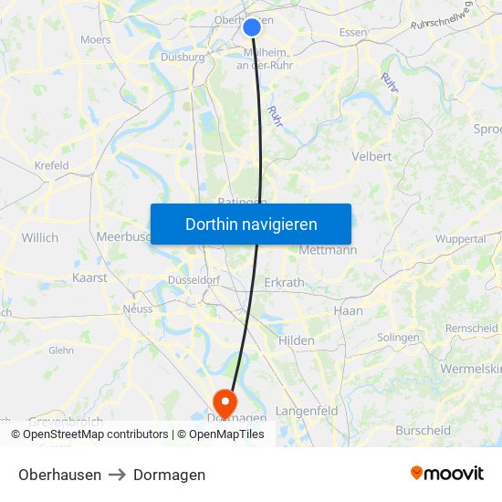 Oberhausen to Dormagen map