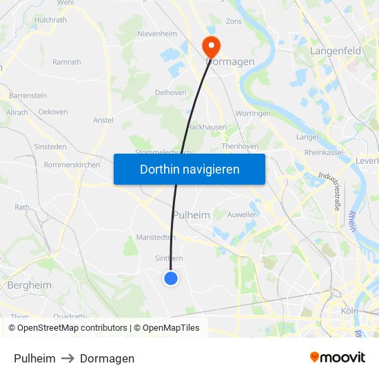 Pulheim to Dormagen map
