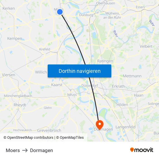 Moers to Dormagen map