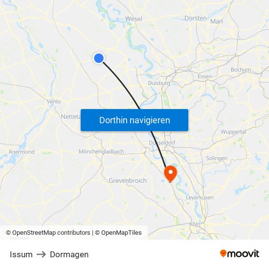 Issum to Dormagen map