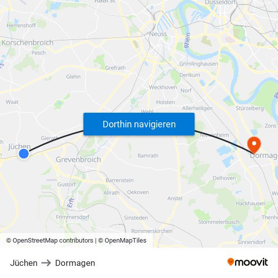 Jüchen to Dormagen map