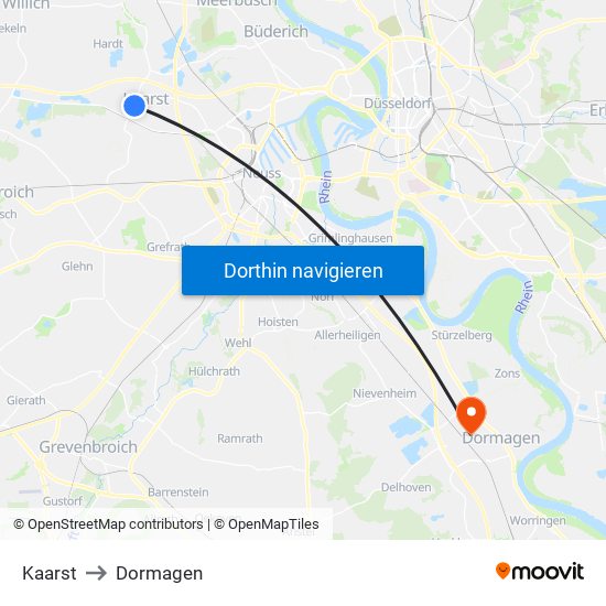 Kaarst to Dormagen map
