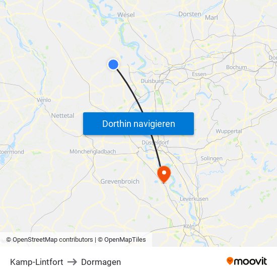 Kamp-Lintfort to Dormagen map