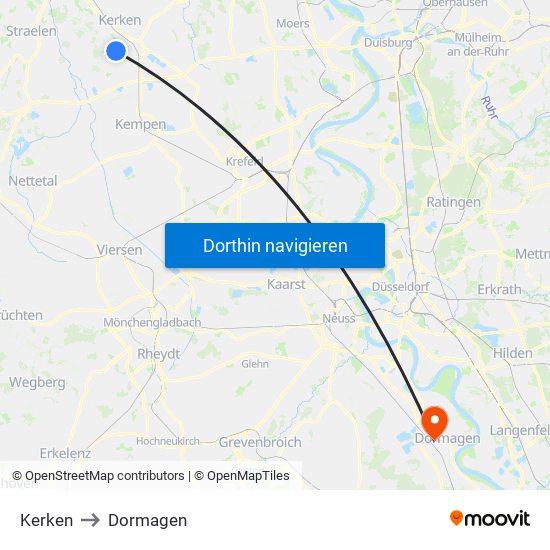 Kerken to Dormagen map