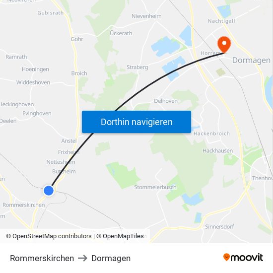 Rommerskirchen to Dormagen map