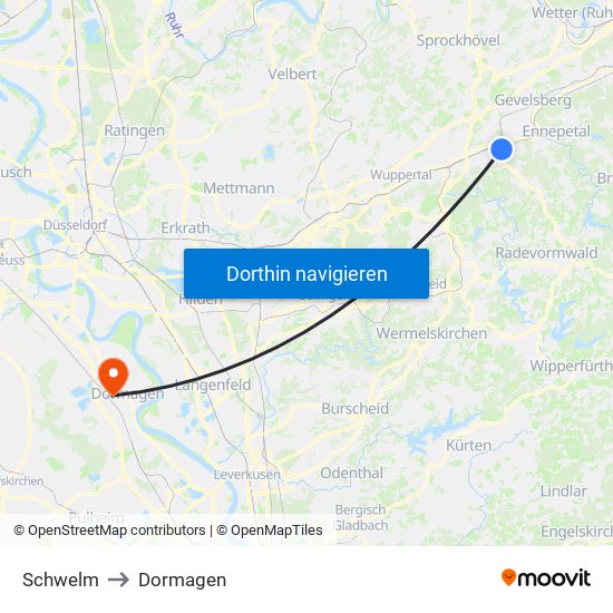 Schwelm to Dormagen map