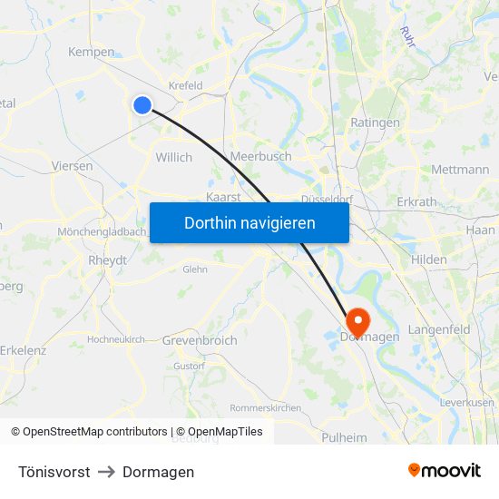 Tönisvorst to Dormagen map
