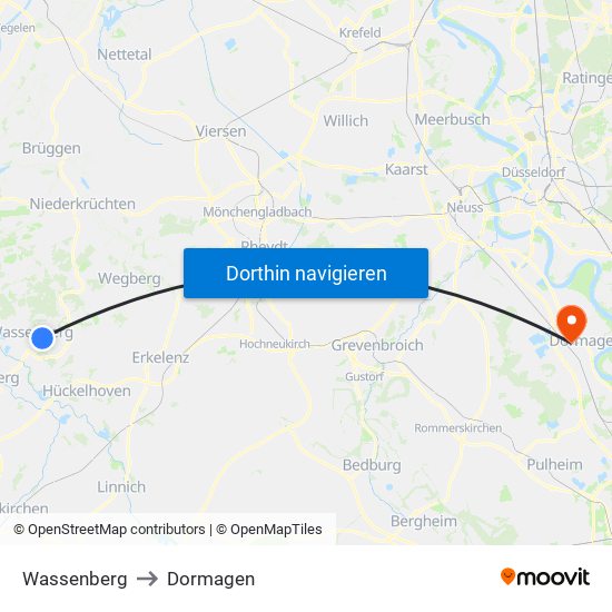 Wassenberg to Dormagen map