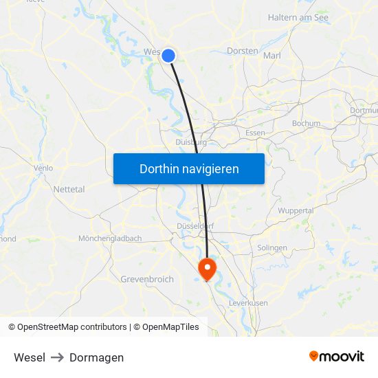 Wesel to Dormagen map