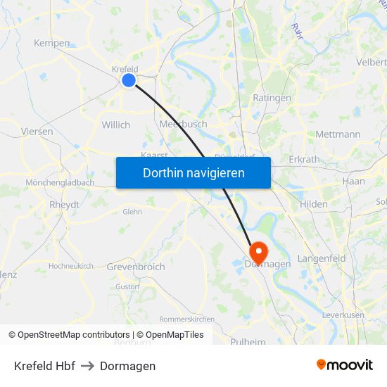 Krefeld Hbf to Dormagen map