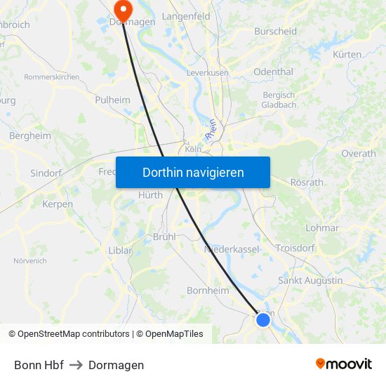 Bonn Hbf to Dormagen map