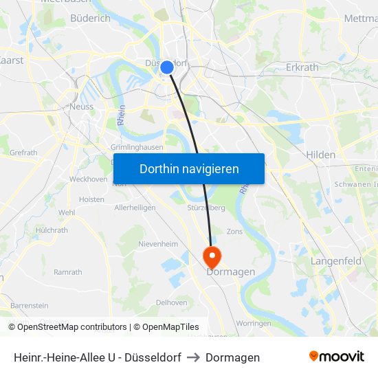 Heinr.-Heine-Allee U - Düsseldorf to Dormagen map