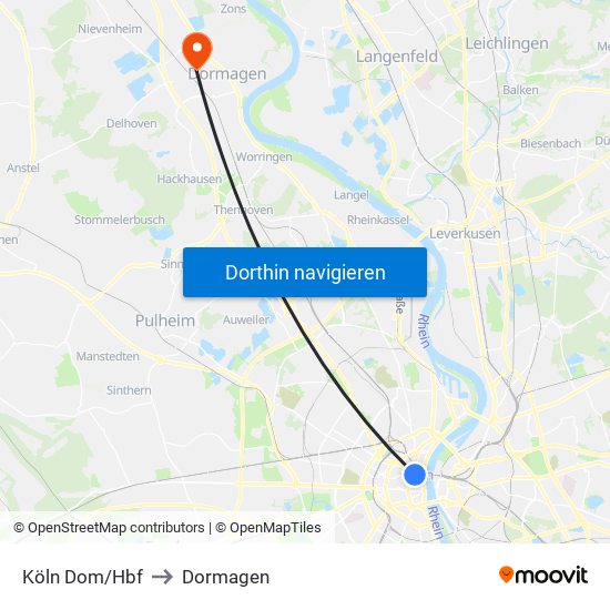 Köln Dom/Hbf to Dormagen map