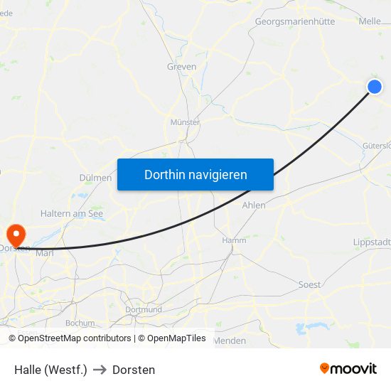 Halle (Westf.) to Dorsten map